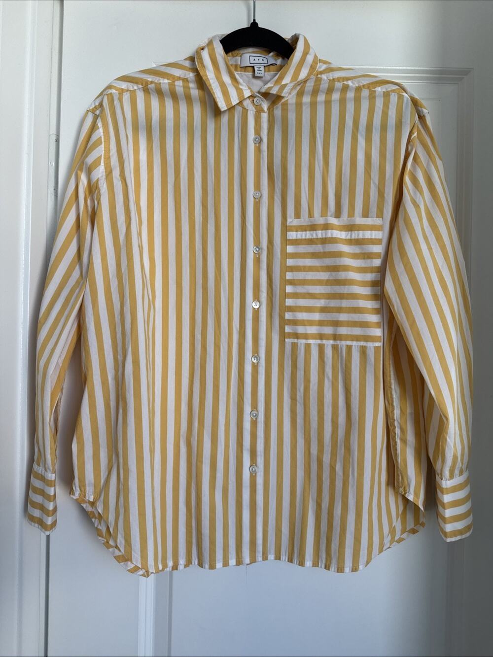 AYR The Deep End Shirt Stripe Yellow White Button Down Shirt Women’s Size Medium